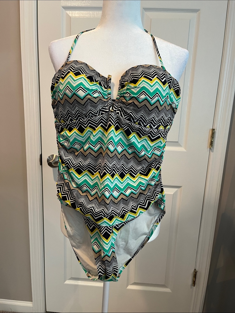 La Blanca Chevron One-Piece Swimsuit in Black, Turquoise & Yellow
